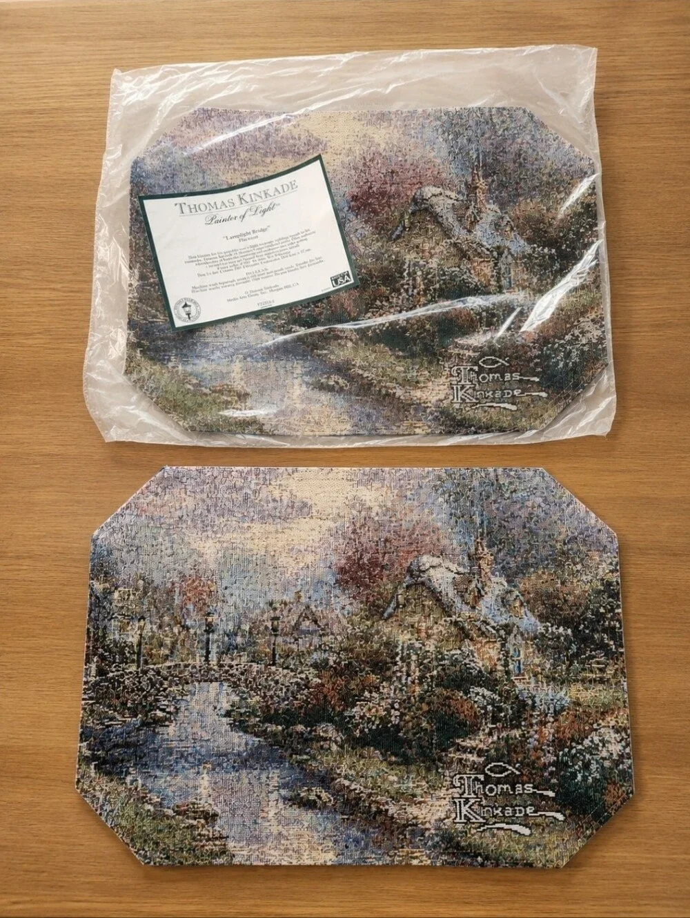 Thomas Kinkade Lamplight Bridge Tapestry Placemats Set 2 1 NWT USA